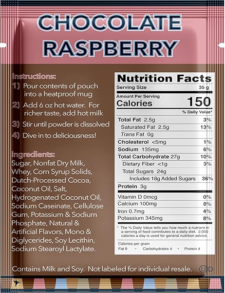DOUBLE DONUT COFFEE DOUBLE DONUT RASPBERRY HOT CHOCOLATE, FLAVORED HOT CHOCOLATE PACKETS, HOT COCOA MIX, 18 COUNT