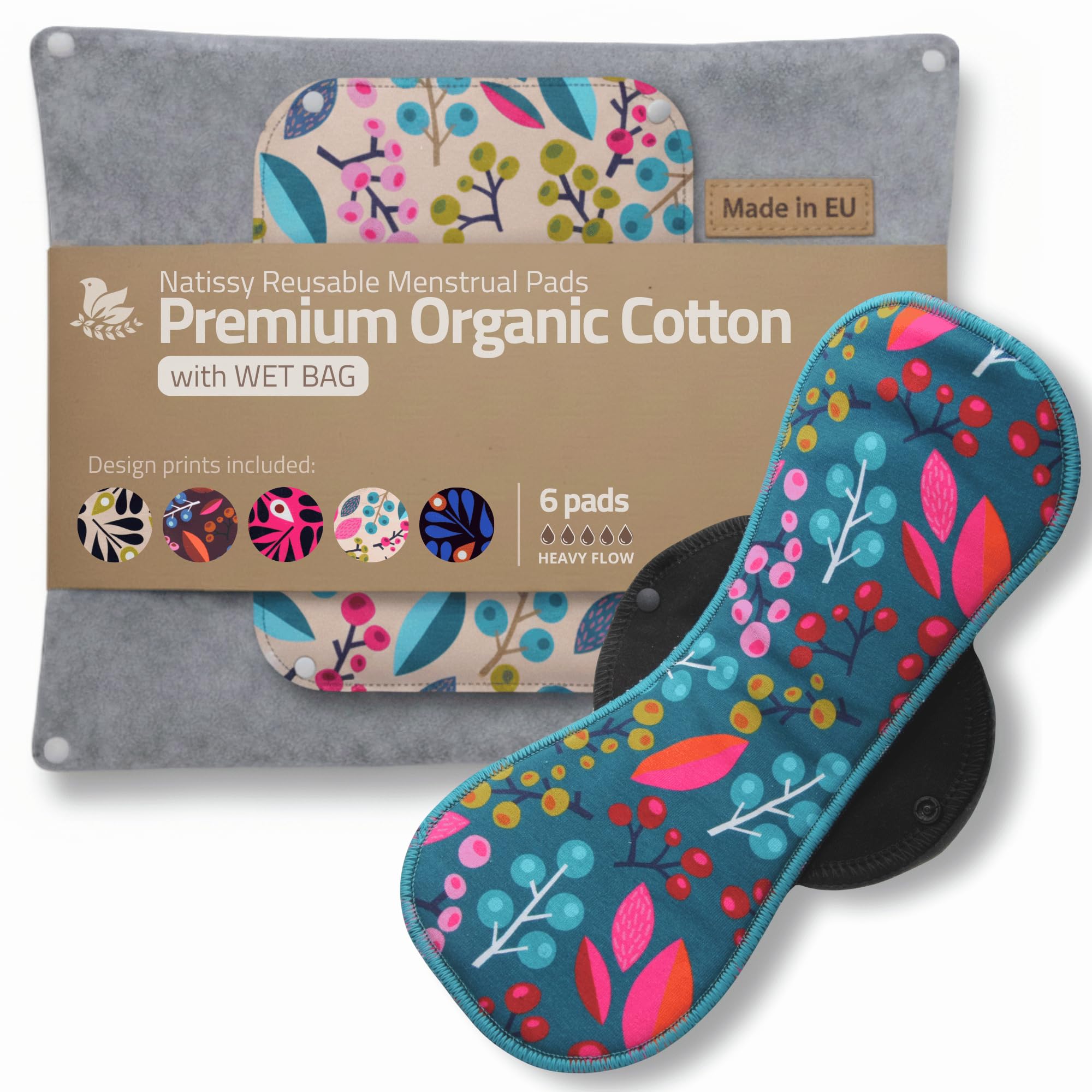 Made in EU – Reusable Sanitary Pads for Heavy Flow (6 Pack, L & XL) – High-Temp Washable, Extra-Absorbent Cloth Period Pads for Women – Ultra Soft Organic Cotton, Reliable Fit & Leak Proof Comfort