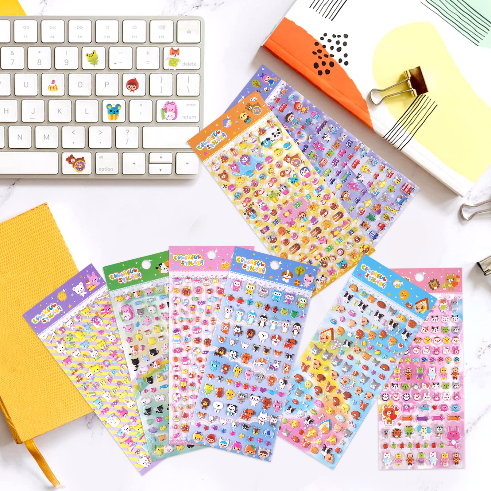 SHANGRLA 870 PCS Cute Mini Puffy Stickers for Kids Girls 3D Small Tiny Stickers Including Cartoon Animals Cat Rabbit Dog Puppy Kitten Bunny Food Donuts Hearts for Adults Phone Case Laptop,8 Sheets.