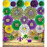 41 Pcs Mardi Gras Decorations Set, 6 Purple Green Yellow Paper Pom Poms 12 Hanging Paper Fans 9 Foil Swirls 2 Pendants Party Supplies Decorations for Outdoor Indoor Home (Mardi Gras)