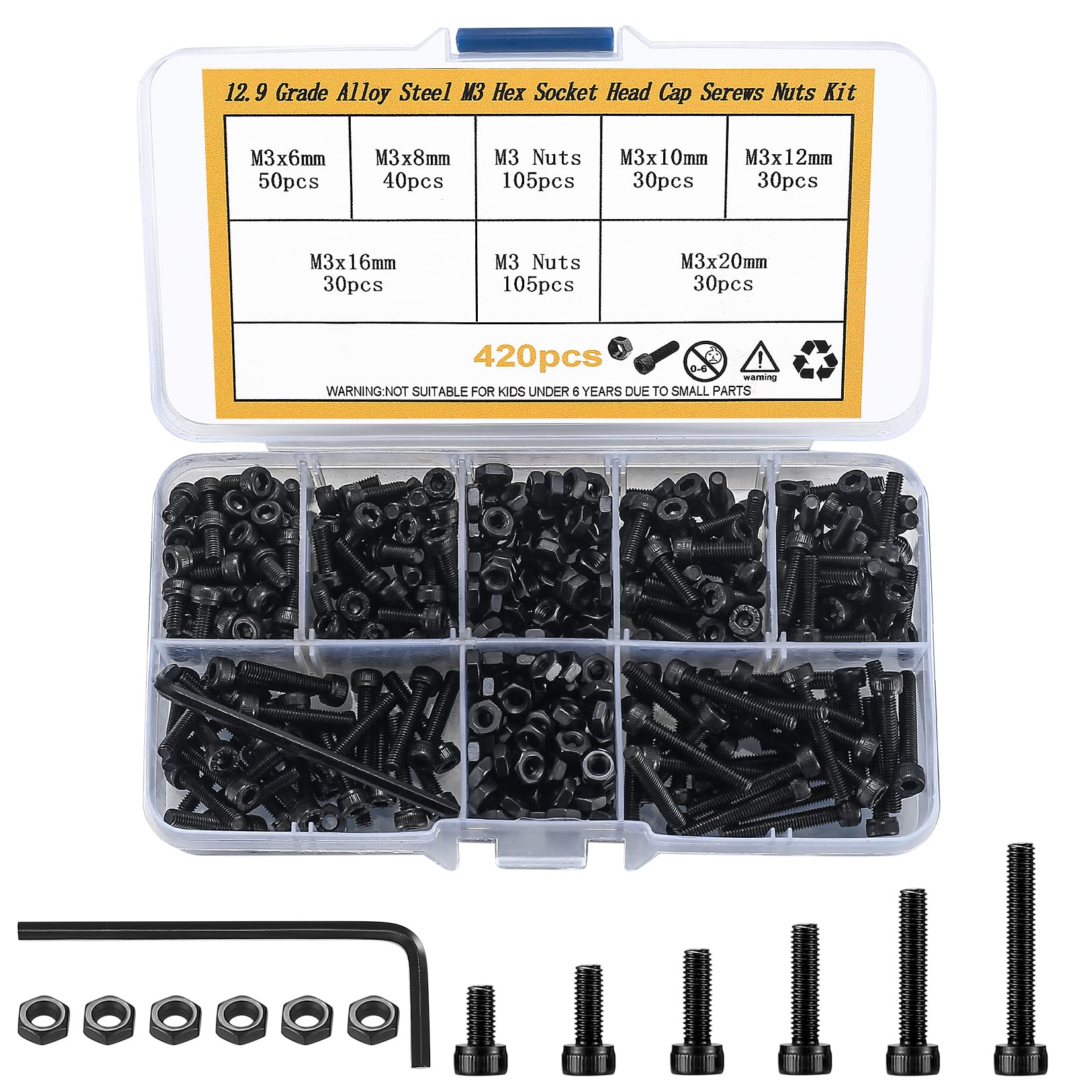 Bnnrjia 420 Pcs Metric M3 Hex Socket Head Cap Screws Bolts and Nuts, Carbon Steel Hexagon Socket Head Cap Screws Assortment Kit for Furniture Repair, Plumbing, Construction