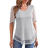 Traleubie Women's Short Sleeve Sparkly Glitter Blouse Double Layer Mesh Top for Parties, Evening Wear, Everyday Style, S-XL