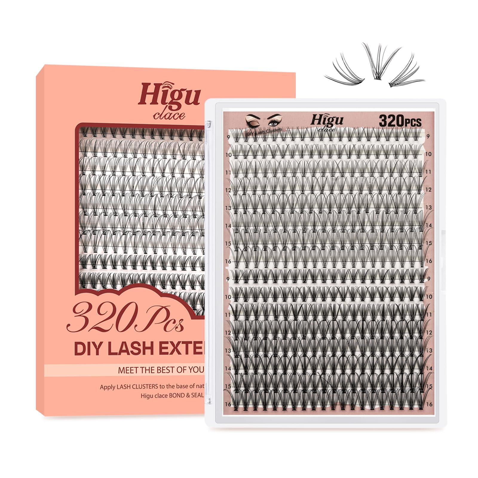 Higu clace 320PCS Lash Clusters D Curl 10D+20D 0.07/0.10mm 9-16mm DIY Individual Lashes Cluster Wispy Lash Clusters Matte Black Natural Look DIY Eyelashes at Home (10D+20D 0.07/0.10D-9-16MIX)