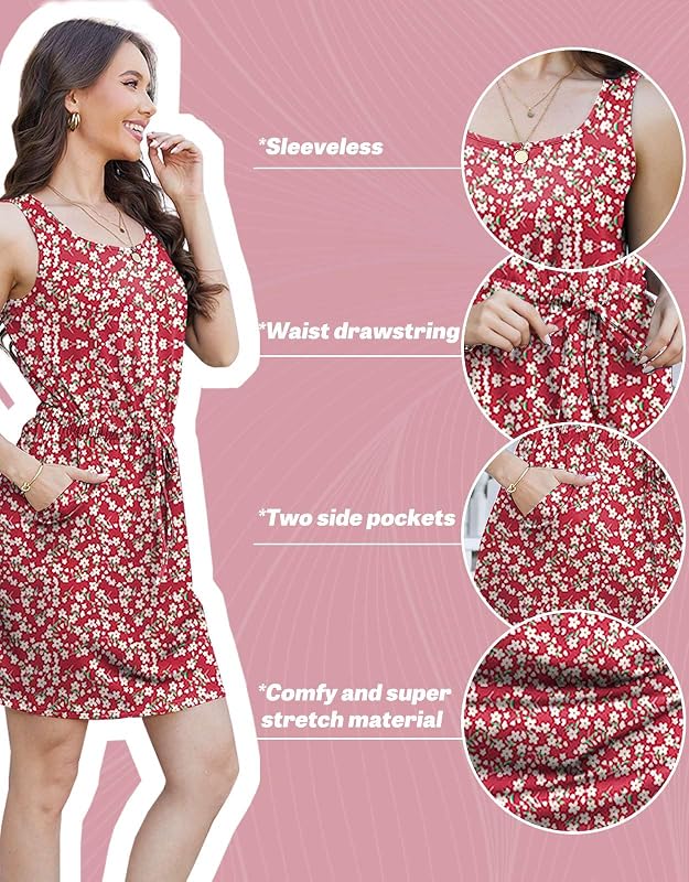 Vestido Verano Vestido de Playa Mujer Mini Vestidos sin Mangas U Cuello Espalda Abierta Verano Ropa de Baño Boho Vestido con Cintura Camisolas Vestidis con Bolsillos Playa Traje Baño Fiesta