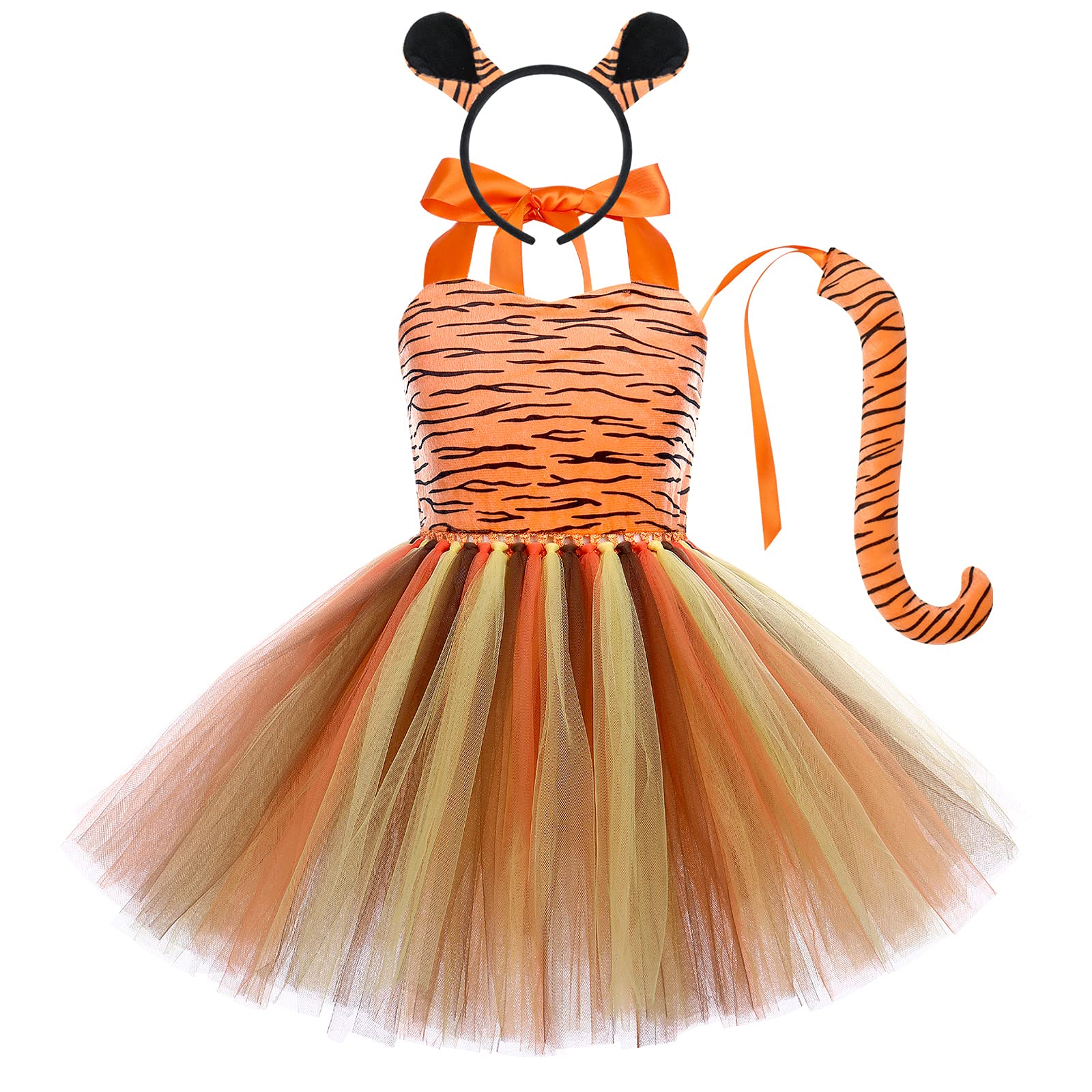 IMEKIS Kid Baby Girls Animal Cosplay Costume Princess Fancy Dress Up Cow Tiger Leopard Giraffe Tulle Dress with Headband Tail 3PCS Halloween Christmas Carnival Outfit Orange-Tiger 9-10 Years