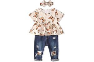 XUANHAO Baby Girl Clothes 12 18 24 Months Outfits For Infant Toddler Denim Girls' Clothing Ruffle Top Ripped Jeans Pant Sets