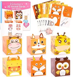 GLOCITI Valentines Day Cards for Kids 30 Pack DIY 3D Animal Box with Temporary Tattoos - Perfect DIY Valentines Cards for Classroom School Games & Valentine Party Favors