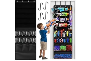 GIRAVO Over the Door Toy Gun Organizer, Door Hanger Storage with Clear Pockets & Adjustable Hook-and-Loop Straps for Foam Blasters, Darts & Goggles, Over Door Toys Storage for Kids Rooms, Playrooms, Black