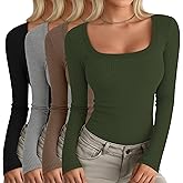 Oakgarden 4 Pack Women's Long Sleeve Shirts Scoop Neck Ribbed Knit Tops Casual Slim Fitted Cotton Tees Fall Basic T Shirts