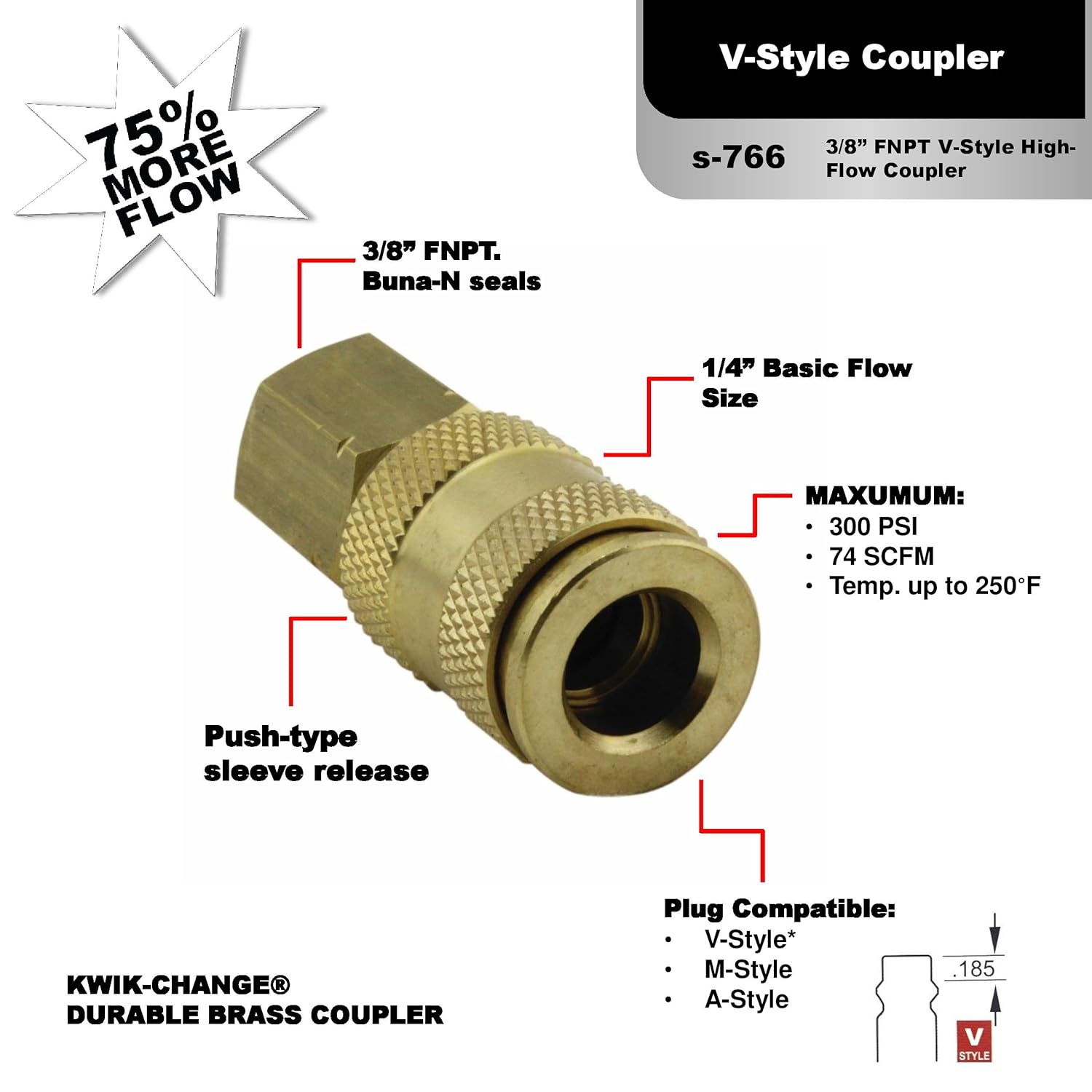 Milton Industries (S-766) 3/8" FNPT Female V-Style High-Flow Coupler - Air Tool Fittings - 