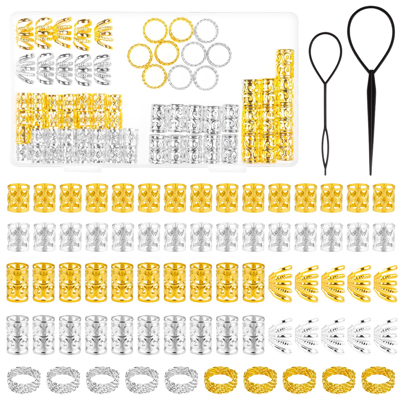 MELLIEX 70 Pieces Dreadlocks Jewellery, Aluminium Hair Rings for Braids, Adjustable Braids, Jewellery, Woven Hair Accessories for Women Men - Gold & Silver