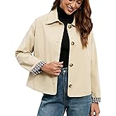 LifeShe Womens Cropped Trench Coat Single Breasted Classic Lapel Overcoat Plaid Lined Oversized Outerwear