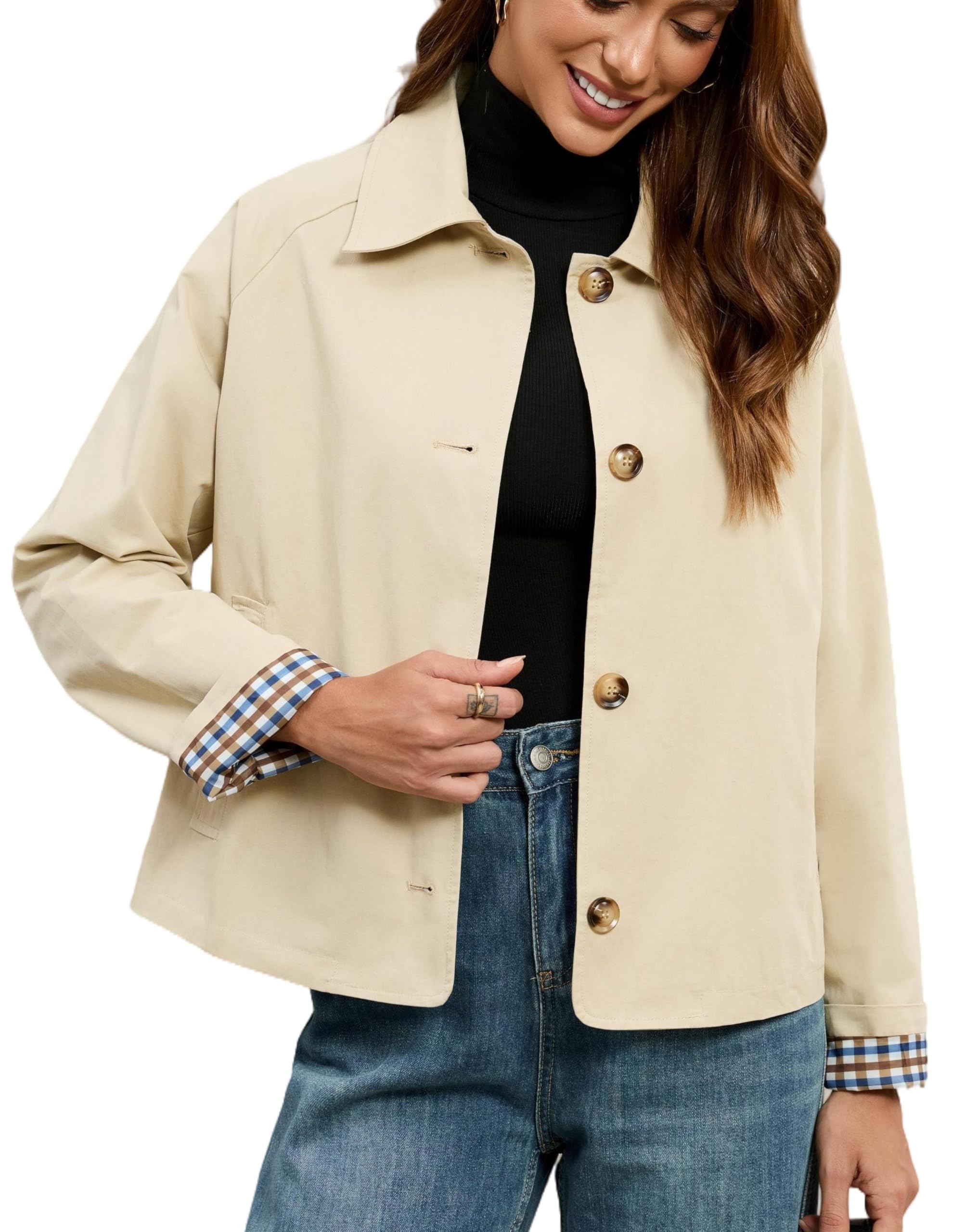 Photo 1 of Womens Cropped Trench Coat Single Breasted Classic Lapel Overcoat Plaid Lined Oversized Outerwear