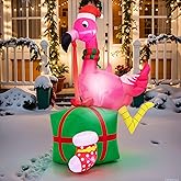 PRESENCE Christmas Inflatables Outdoor Decorations - 6FT Christmas Blow Up Flamingo LED Lights with Gift Box & Christmas Stocking, Winter Decor Xmas Kids Gift for Outdoor Yard Decorations