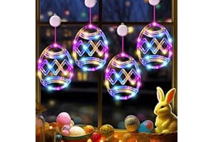 LYUBASA 4Pack Easter Window Lights Decorations with Timer, Battery Powered Hanging Multicolor Lighted Egg Shaped Sucker LED Lamp for 2024 Holiday Indoor Home Decor
