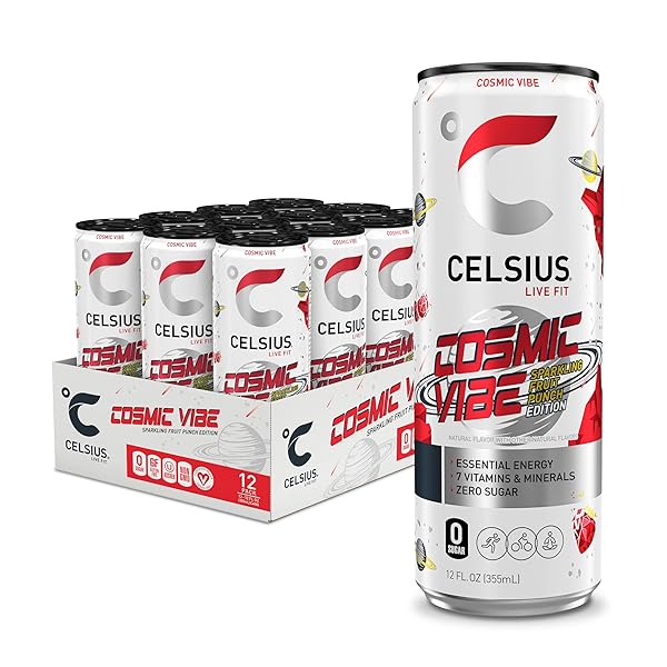CELSIUS COSMIC VIBE SPARKLING FRUIT PUNCH, SUGAR FREE ENERGY DRINK, 12 FL OZ (PACK OF 12)