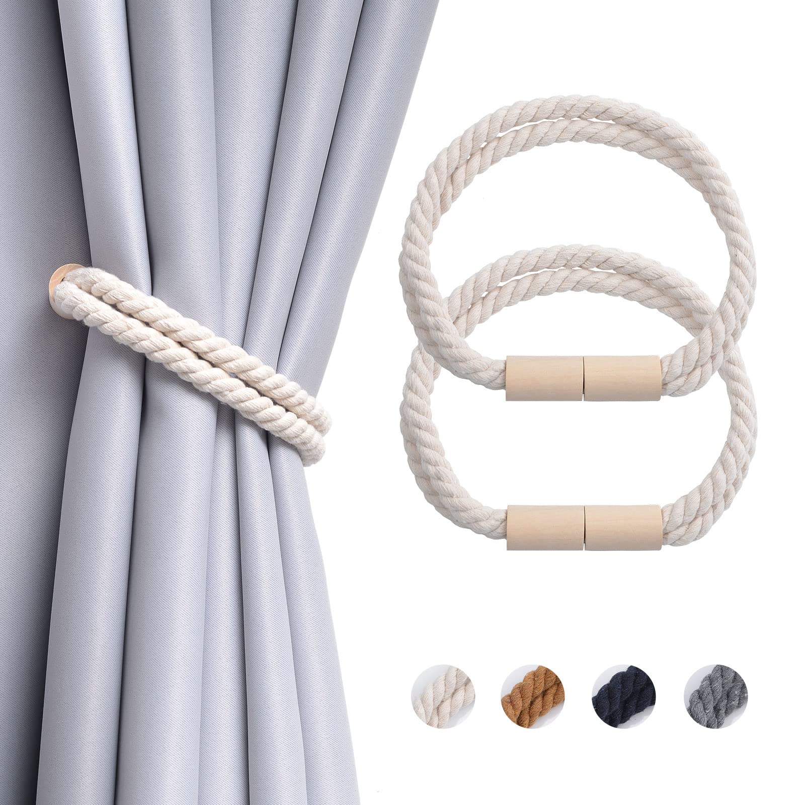Pretty Jolly 2 Pack Wooden Magnetic Curtain Tiebacks Boho Decoration Drape Tie Backs Natural Cotton Handmade Double Rope Curtain Holdbacks for Thin or Thick Home & Office Window Drapery (New Beige)