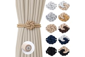 Contoeey Magnetic Curtain Tiebacks Holdbacks - Wood Tie Backs Rope Holder with Floral Knot Design for No Drill Easy Install, Modern Boho Home Decor (2Pack, Beige)