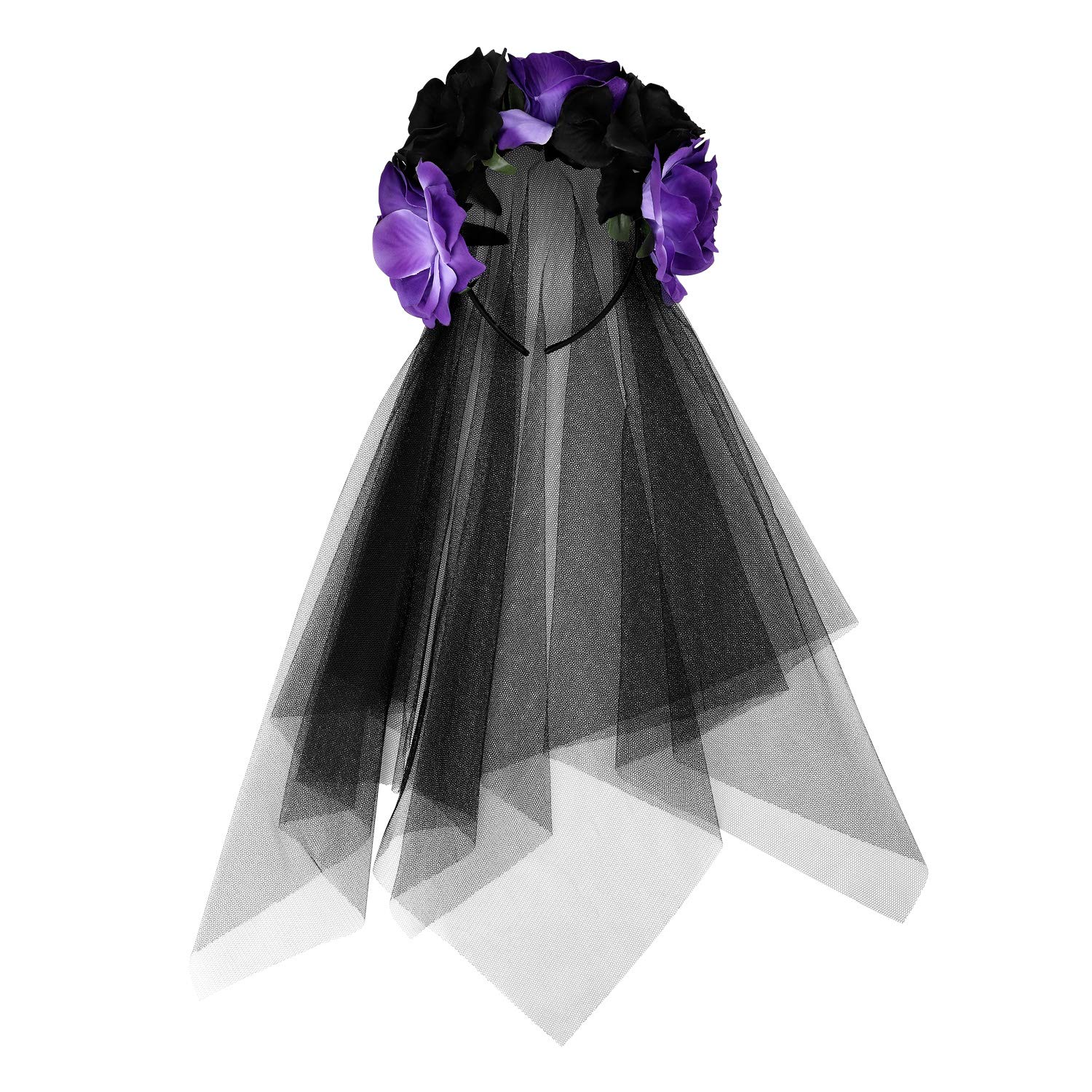 Flower Headband with Black Veil Halloween Rose Headwear for Women Adult Floral Headwear Gothic Hair Band Fancy Dress Up Costume Hair Accessory Halloween Day of the Dead Cosplay Party (Black+purple)