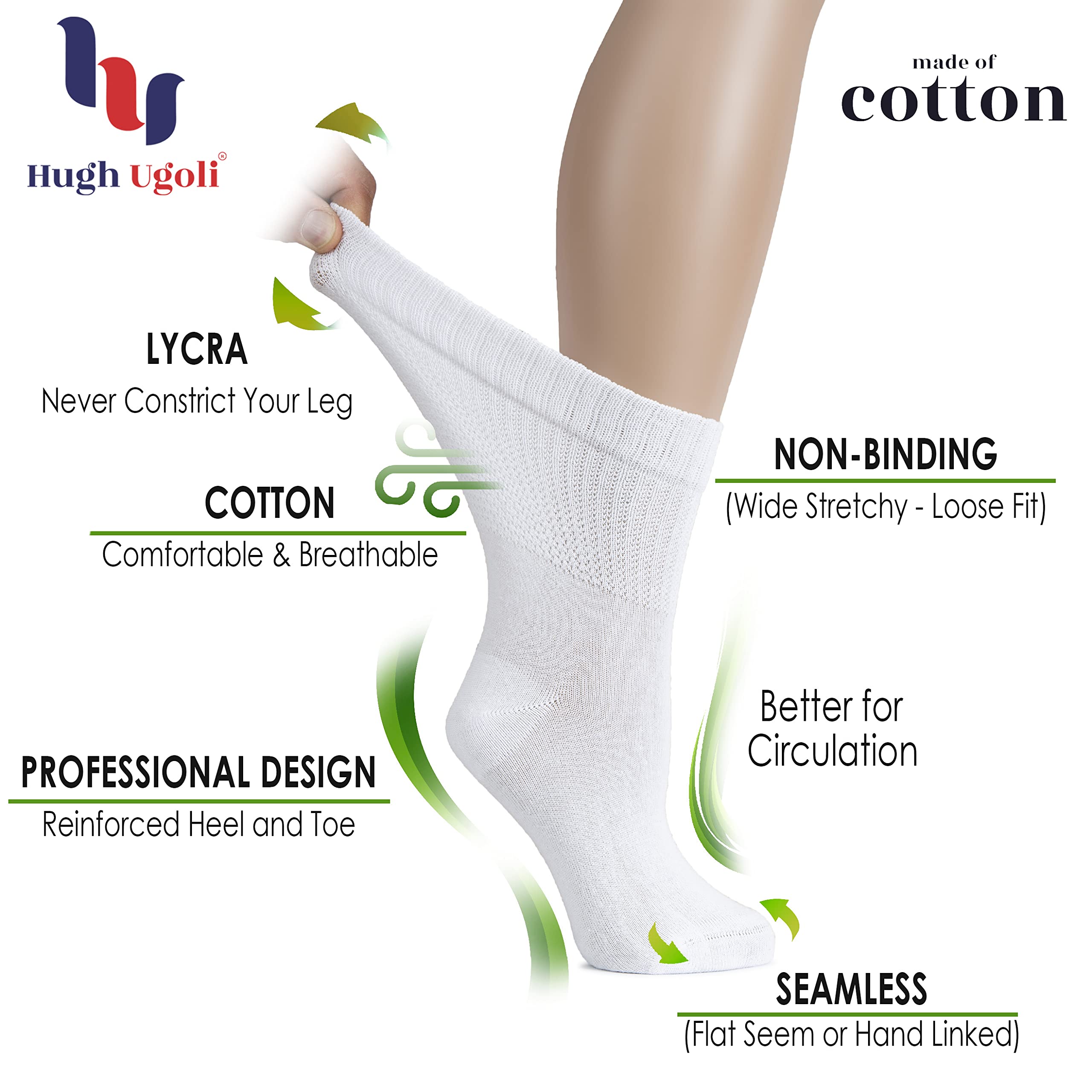 Hugh Ugoli Women's Cotton Diabetic Crew Socks, Wide, Thin, Loose Fit and Stretchy, Seamless Toe & Non-Binding Top, 4 Pairs