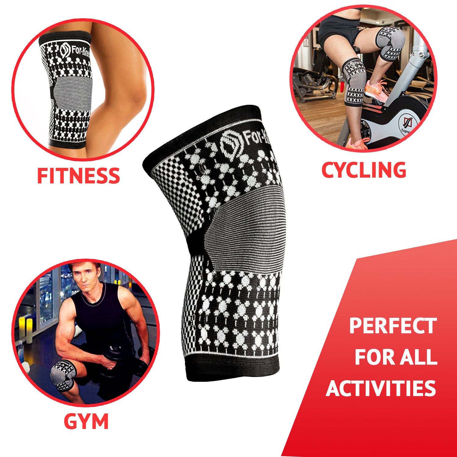 For-Knees Magnetic Knee Compression Brace Support Sleeve -Black Natural Soft Cotton - Latex Elastic Fabric with Magnets. for Sports, Sprains Strains Arthritis Sore Knees Recovery