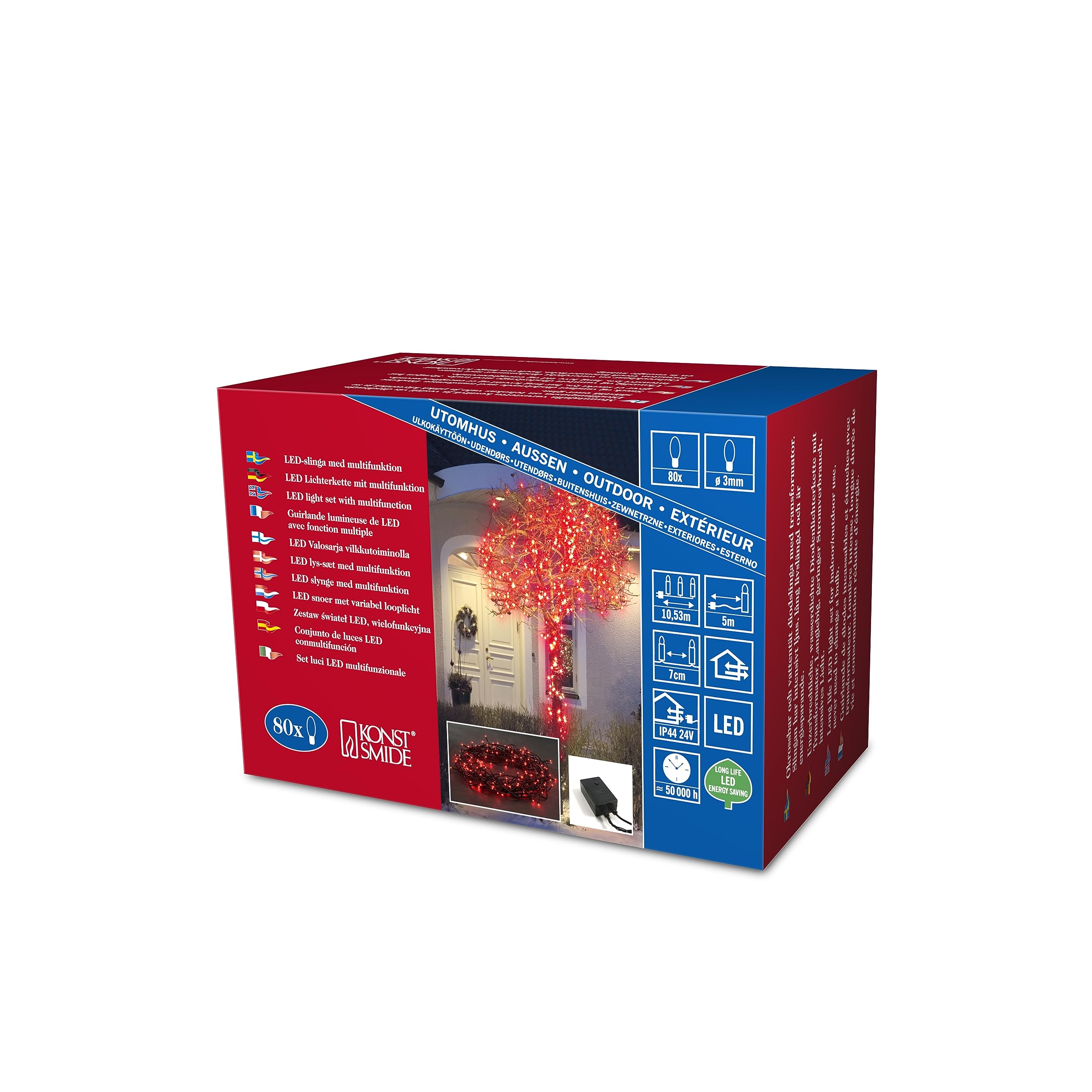 Konstsmide LED Fairy Lights for Indoor and Outdoor - 80 Red Multi-Function String Lights With Mains Power - Christmas Decorations
