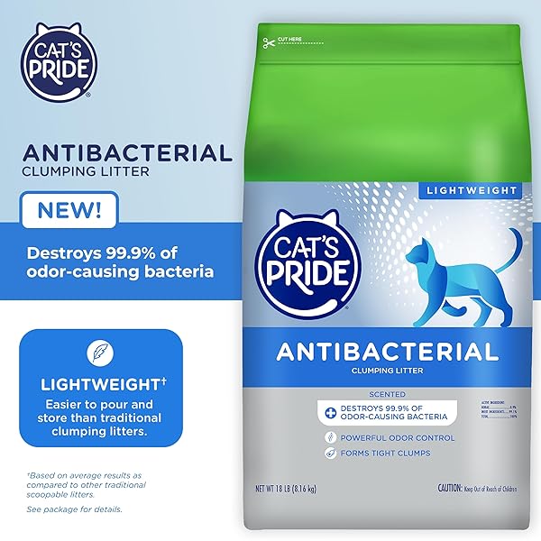 CAT’S PRIDE NEW ANTIBACTERIAL CAT LITTER: DESTROYS 99.9% OF ODOR-CAUSING BACTERIA – POWERFUL ODOR CONTROL – PREMIUM LIGHTWEIGHT CLUMPING LITTER – SCENTED, 18 POUNDS