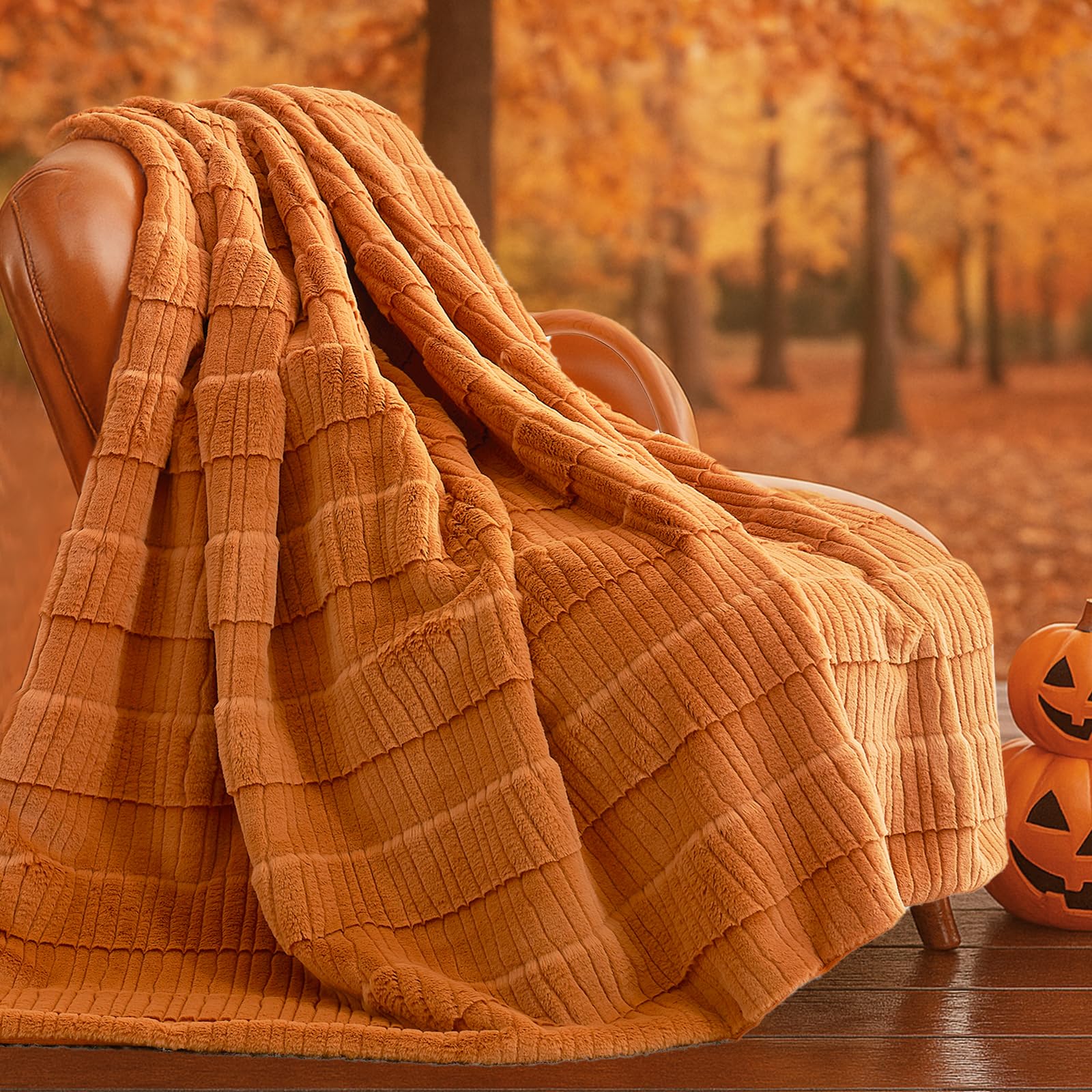 Amélie Home Luxury Striped Faux Fur Throw Blanket for Couch, Soft Cozy Fuzzy Fluffy Soft Plush Blankets Sofa Chair Gift Blankets for Women, 60"x80", Brown Image