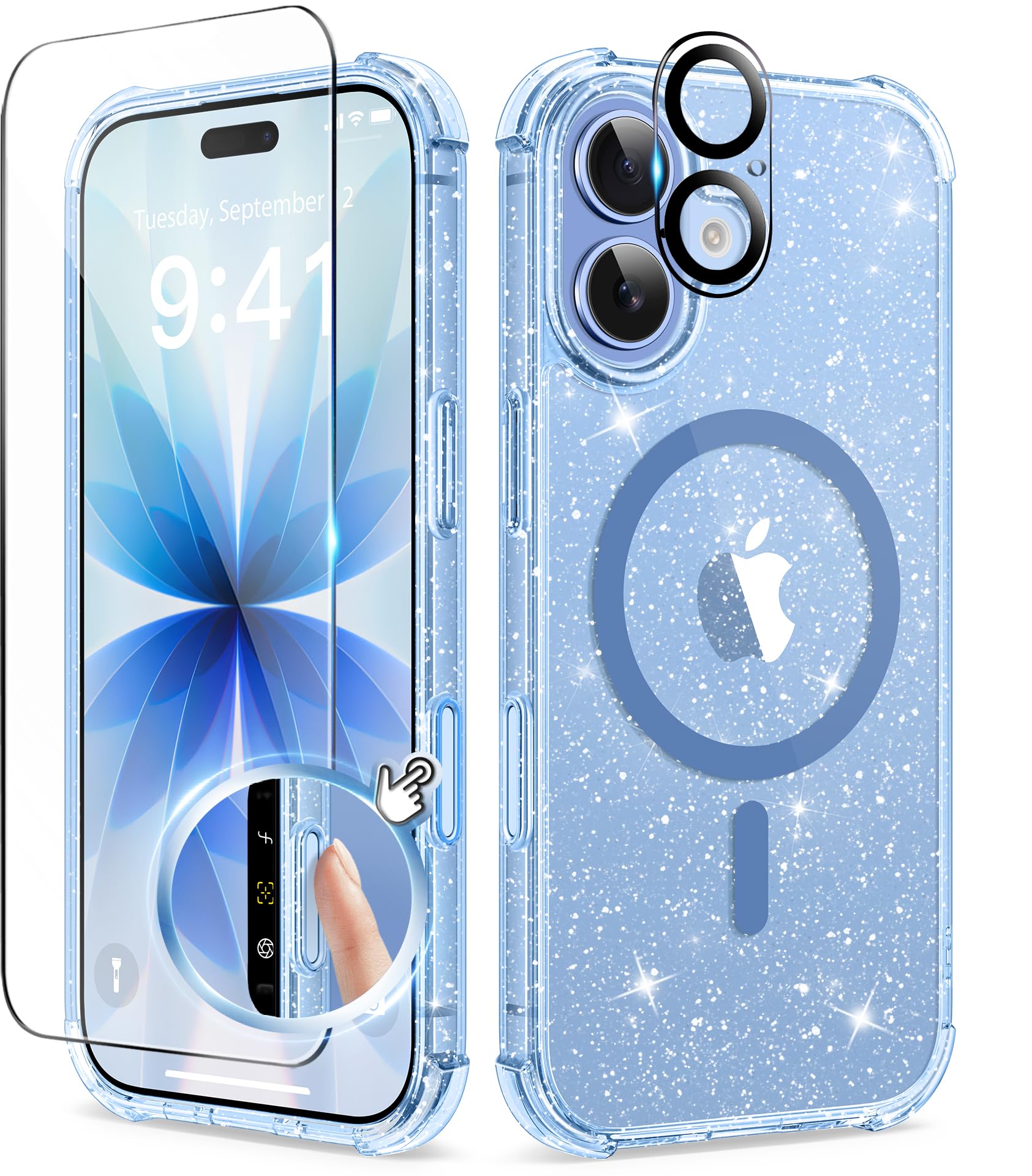 BERFY for iPhone 17 Case for Women, Clear Glitter Shockproof Protective Case, Anti-Yellowing, with Screen Protector & Camera Lens Protector 6.3", Magnetic Sparkle Blue