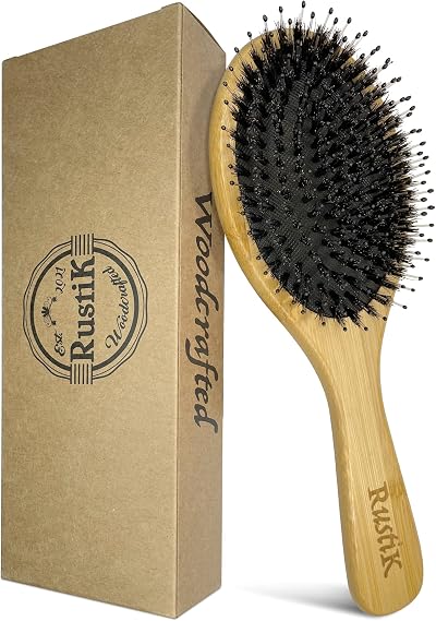 RustiK Boar Bristle Hair Brush Bamboo Oval Detangling Scalp Massage Anti Static
