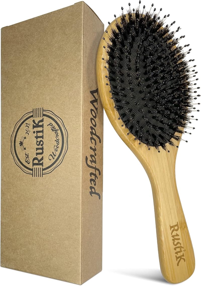 RustiK Boar Bristle Hair Brush Bamboo Oval Detangling Scalp Massage Anti Static