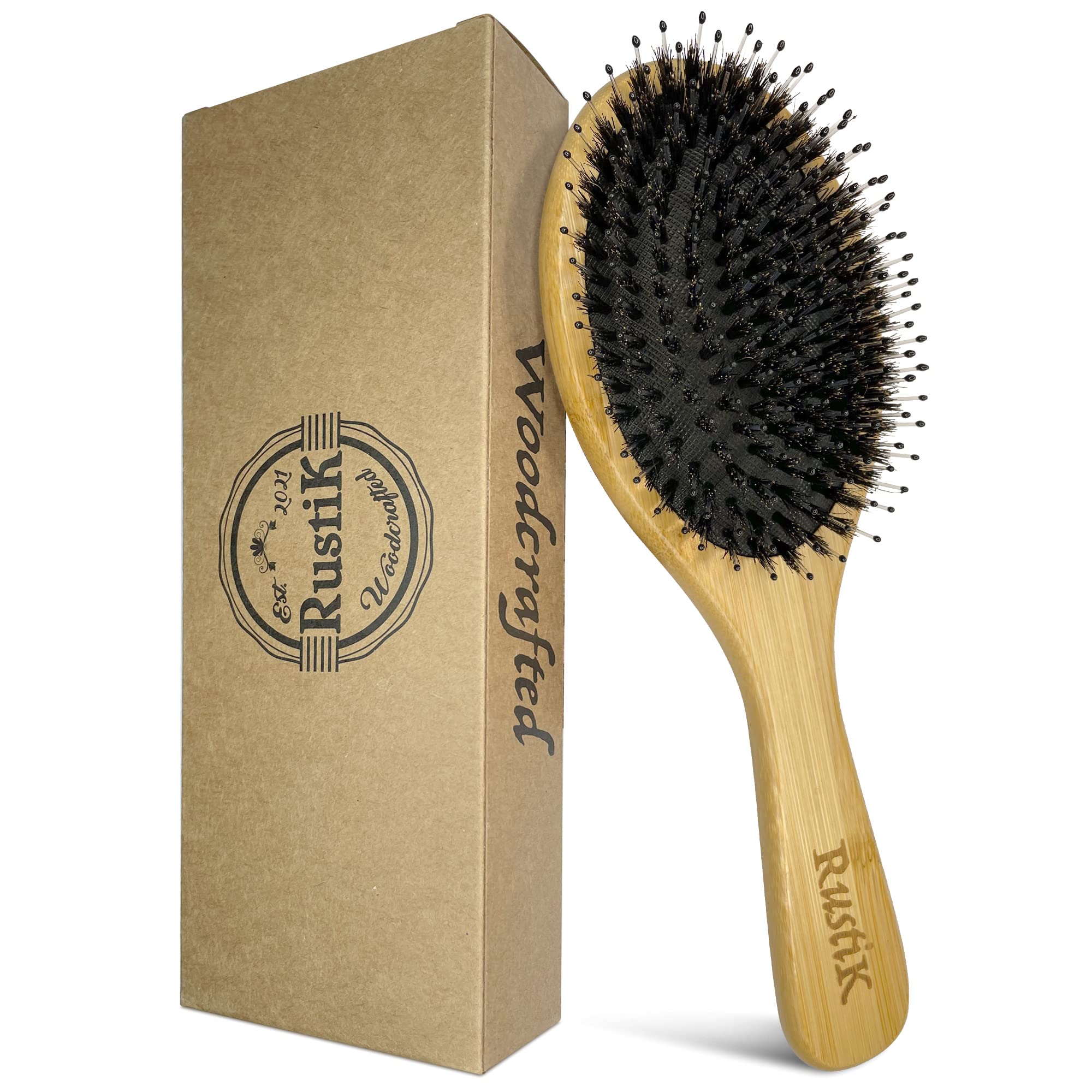 Boar Bristle Oval Hair Brush by RustiK, Bamboo, Eco Friendly, Detangling, Nylon Soft Pin, Scalp Massaging, Anti Static, Paddle Brush, Woodcrafted For Men and Women.