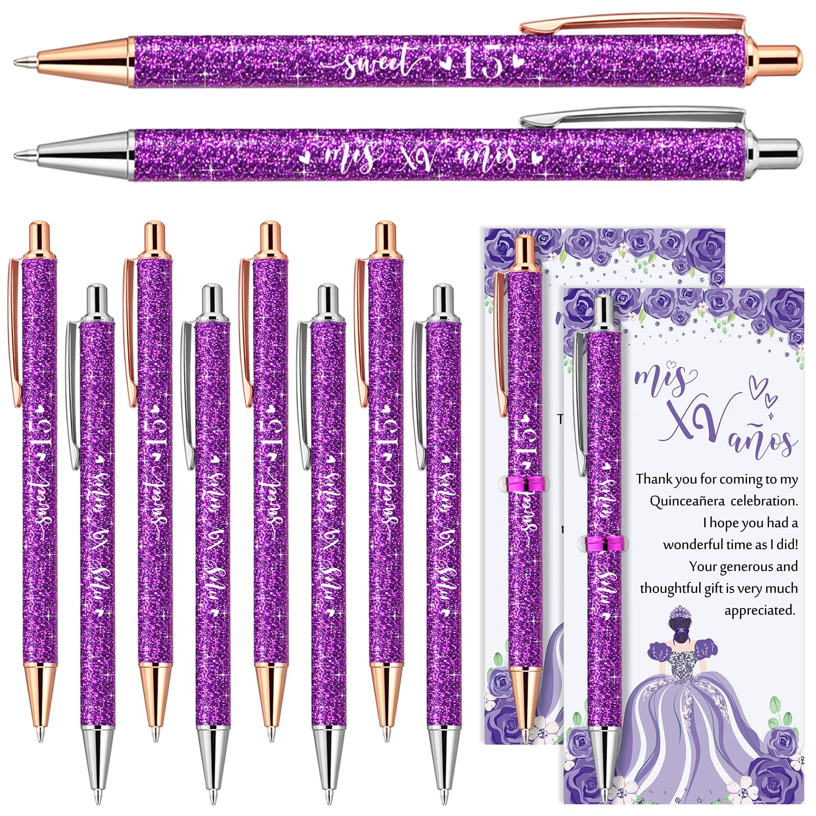 Photo 1 of Humyoun 25 Sets Quinceanera Party Favors Gifts for Guests Include 25 Sweet 15 Glitter Ballpoint Pens with Thank You Cards 15th Birthday Mis XV Años Birthday Sweet Party Favors(Purple)