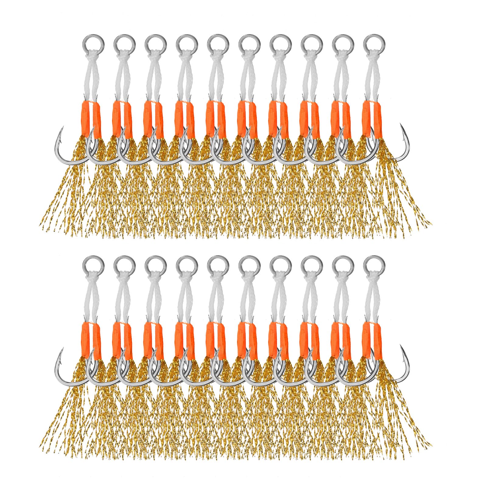 PATIKIL Double Fishing Assist Hooks Kit, 20 Pcs Glow Jigging Hook Slow Fast Fall Jigs Fishing Hooks for Vertical Jigging Lures, Gold Tone (11#, 55mmx11mm)