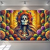 BlissYard Day of The Dead Banner 71x43 Inch La Catrina Wall Decoration Halloween Sugar Skull Backdrop Dia de Los Muertos Altar Decor Skeleton Floral Background for Indoor Outdoor Celebration