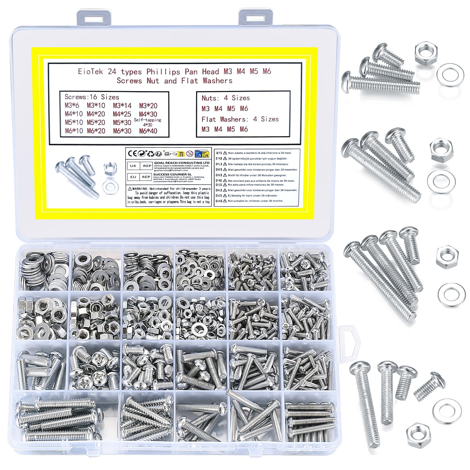 1080 Pcs Phillips Pan Head Screws and Nuts Washers Set, M3/M4/M5/M6 Flat Cross Head Self Tapping Screws Bolts Nuts Lock Flat Washers Assortment Kit for DIY Fastening Accessories