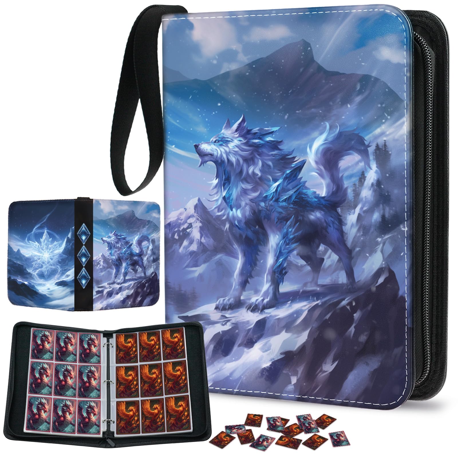 Trading Card Binder 9-Pocket Holds 900 Cards with 50 Removable Sleeves, Zipper PU Leather Collector Album Portable Card Holder with Wrist Strap, Gift for Boys Girls Kids Friends (Glacial Alpha)