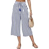LOMON Women's Linen Capri Pants Wide Leg with Drawstring Elastic Waist Casual Cropped Pant