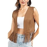 Fahsyee Fringe Vest Women Western Tops Faux Suede Tassel Cowgirl Outfits 70s Hippie S-XXL
