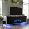 TAUS Modern TV Stand With LED Lights – High Gloss White, Fits 50-60 Inch TV, 5 Shelves 2 Doors