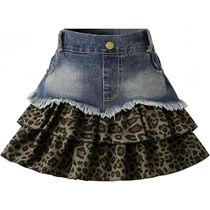 MOCHIFORMOSAYOUTH Girls Denim Ruffle Skirt with Built-in Shorts 2-Tier Leopard Print Ruffle Hem Skirt Casual Summer Bottom