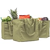 VeraMia Canvas Grocery Bag 3pc XL Set with Real Pockets, Long Shoulder Strap and Short Handle. Heavy Duty, Foldable, Washable