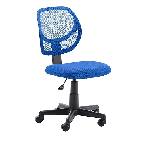 Amazon Basics Rolling Desk Chair, Adjustable, Low Back, Padded Seat, Breathable Mesh, Swivel, Blue, 21.25" D x 22.5" W x 38" H