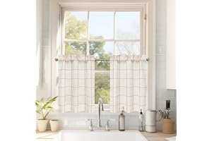 DriftAway Kitchen Curtains Striped Tier Linen Short Curtains Windowpane Plaid Cafe Curtains 24 Inch Length for Living Room Bathroom Chris Farmhouse Rustic Curtains Rod Pocket 2 Panels Red