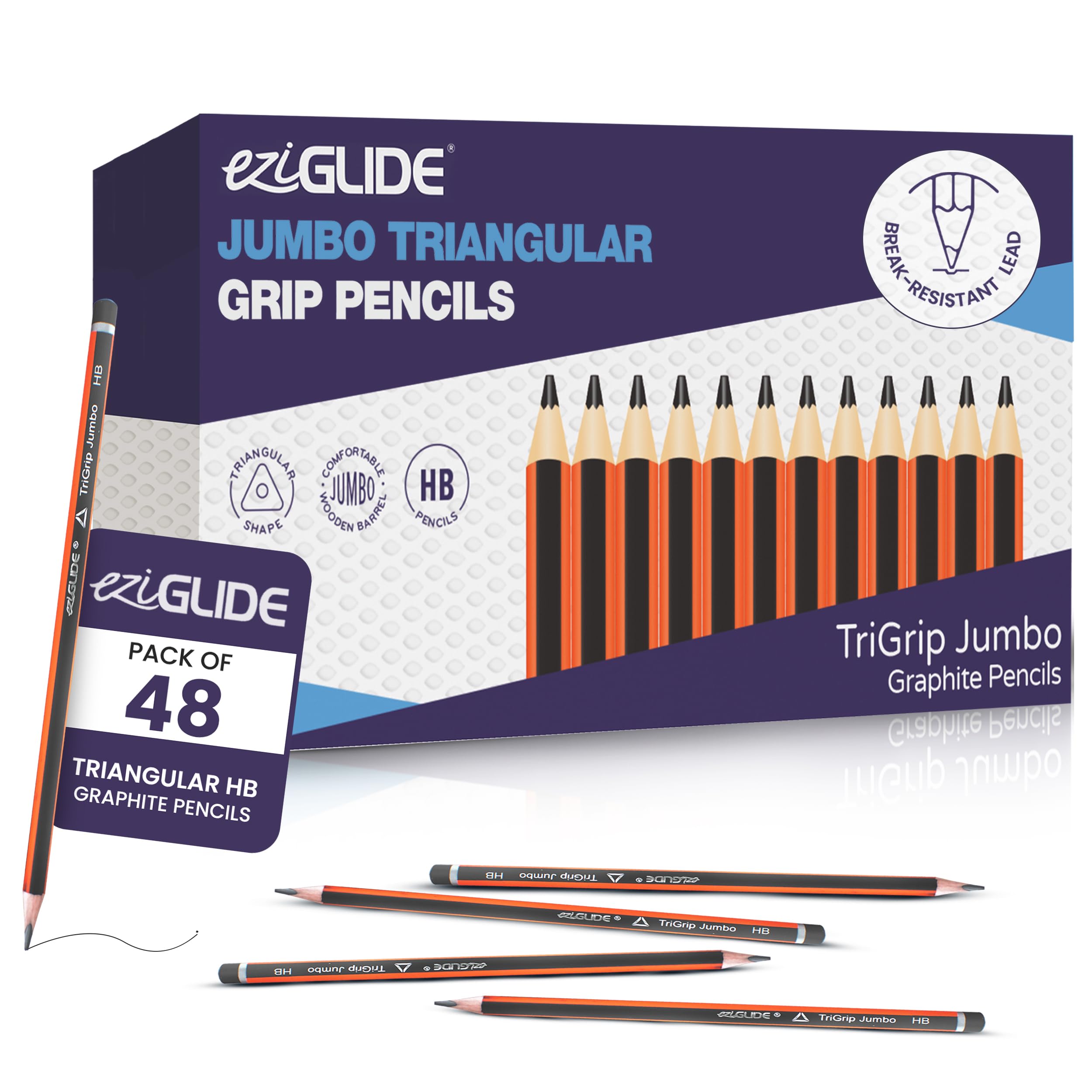 Eziglide TriGrip Jumbo HB Pencils, Tub of 48 Triangular Pencils, Break resistant super bonded lead, Triangle pencils for kids that improve pencil grip comfort and control when drawing & writing — image 1