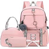 XOMYQUAO School Backpack for Girls Backpack with Lunch Box Kids Backpack Set Gothic Bookbag School Backpacks for Girls Teens (Pink)