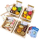 Wooden Play Food Sets for Kids Kitchen, 36 Pieces Realistic Toy Foods Bread Fruit Vegetables Seafood and 4 Crates for Toddlers Pretend Play Kitchen Grocery Store Accessories Set for Boys and Girls 3+