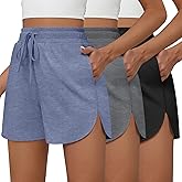 Neer 3 Pack Women's High Waisted Running Shorts with Pockets Causal Athletic Knitted Drawstring Sweat