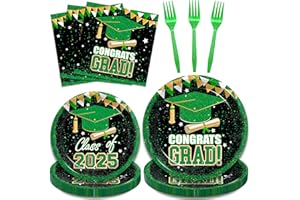 Kepeel 96 Pcs Graduation Party Paper Plates Napkins, Green Gold Class of 2025 Congrats Grad Party Decorations Supplies Disposable Dinnerware Tableware Set for College High School, Serves 24