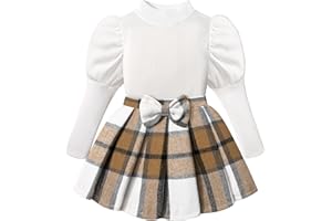 BAVADER Girls Clothes Skirt Set Cute Puff Sleeve Top + Bow Plaid Pleated Skirt 2PCS Fall Winter Outfits Toddler Girl Clothes